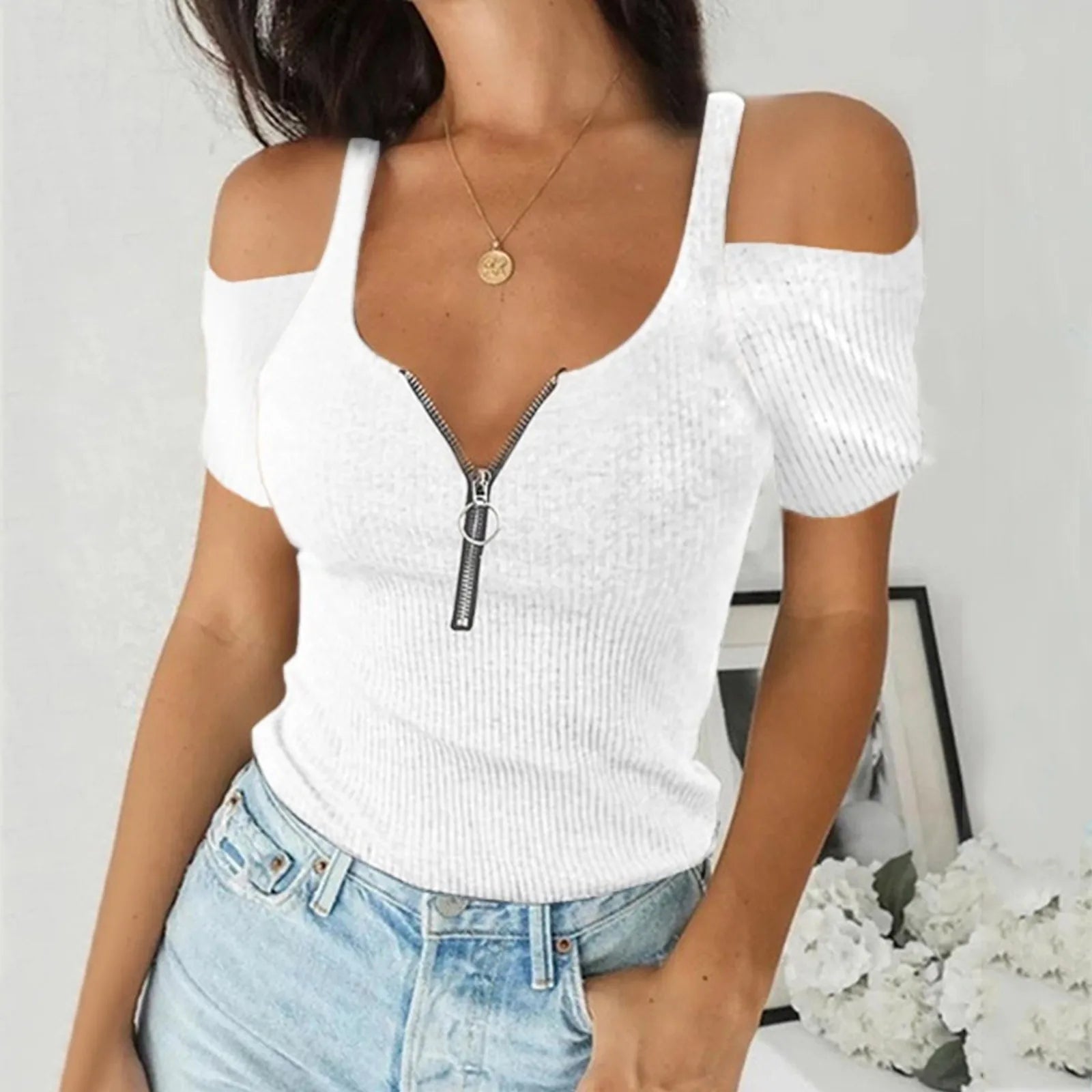 Fashion Sexy V-Neck Blouse Shirt Zipper Tops Tee Summer Casual Ladies Tops Solid Color Female Women Off Shoulder Blusas Pullover