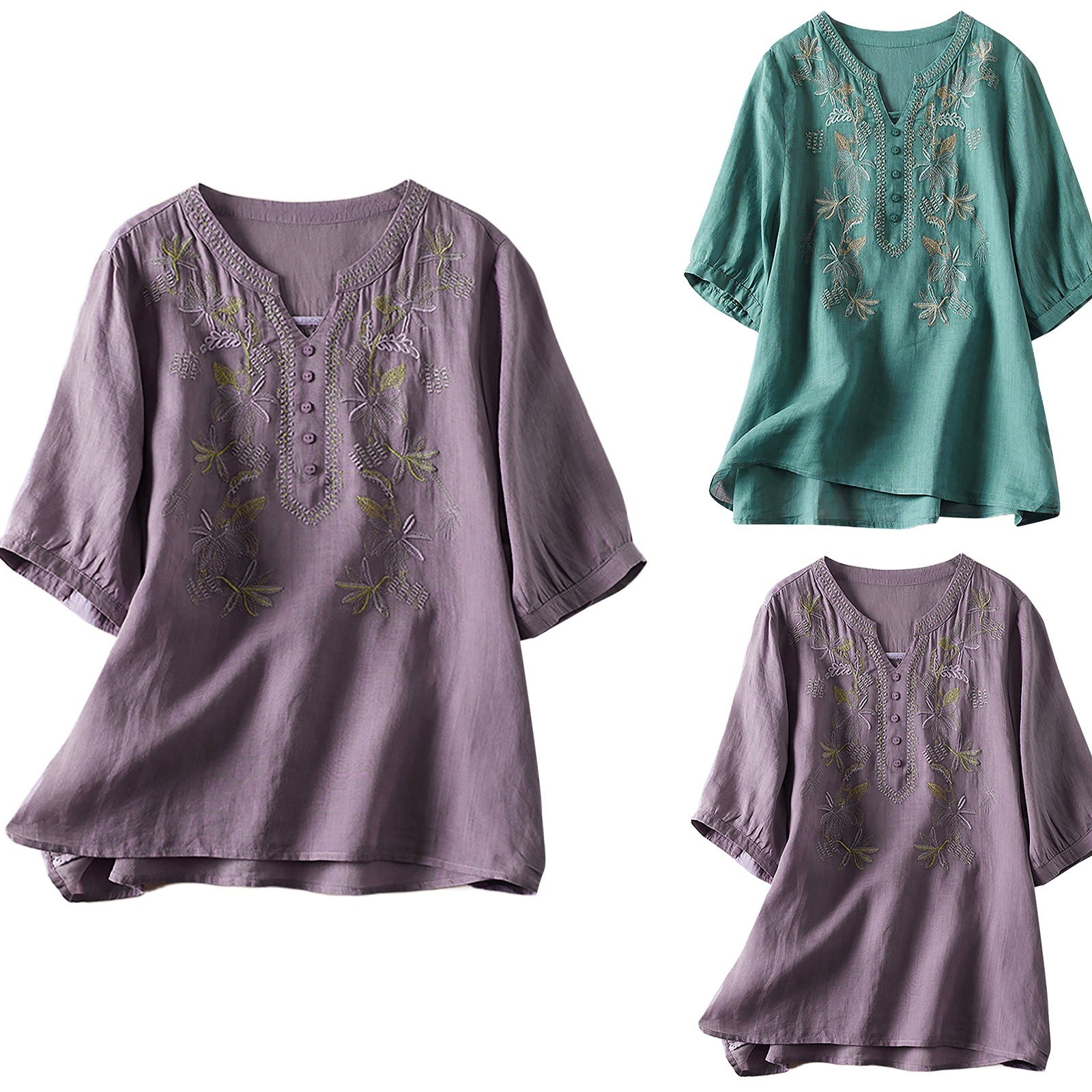 Women's Fashion Embroidery Spliced Solid Color V-Neck Shirt Summer Female Clothing New Vintage Loose Casual Half Sleeve Blouse