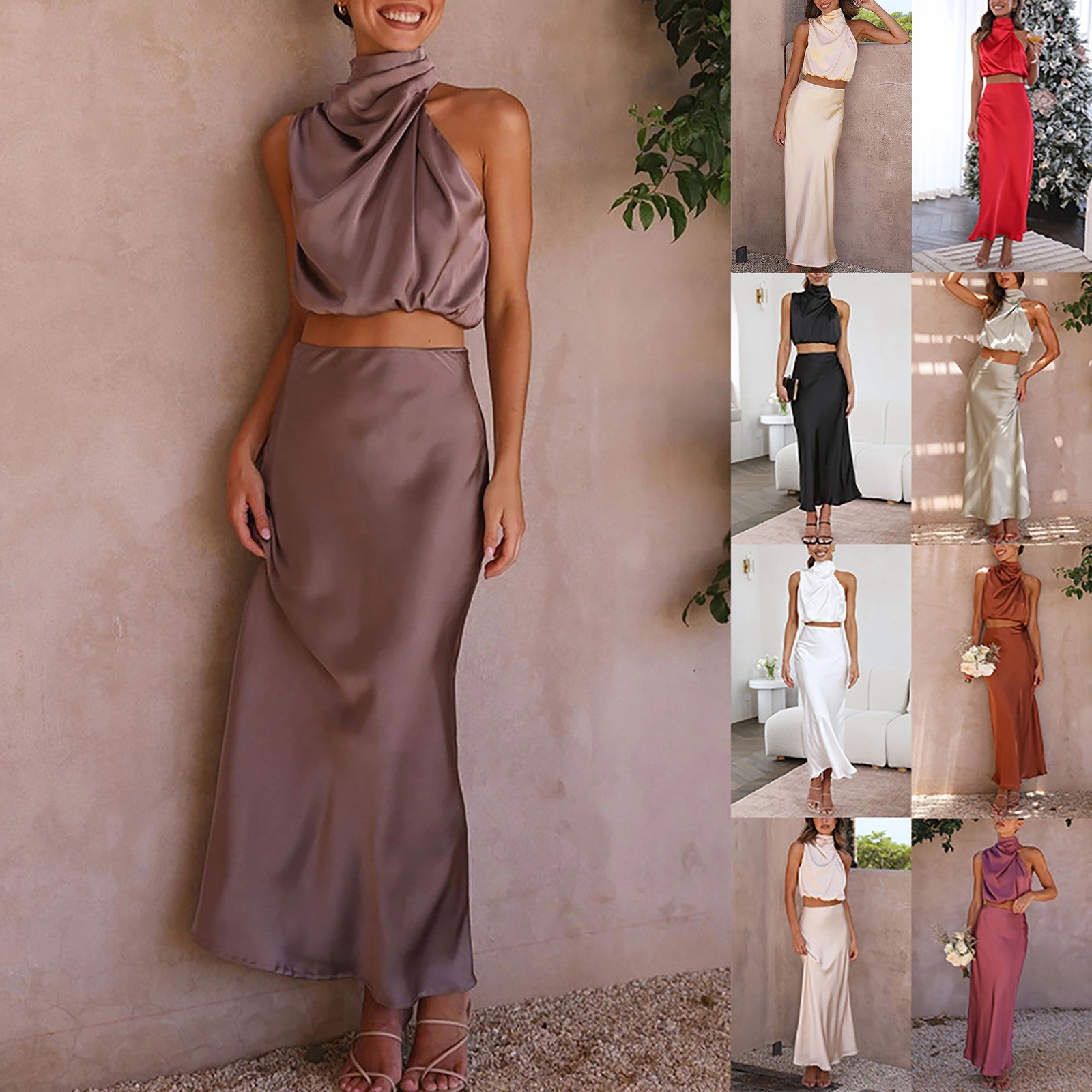 Elegant Satin Two-Piece Dress Sets Women Sexy Club Dresses Party Slim Solid Color Casual High Waist Vintage Cocktail Long Dress