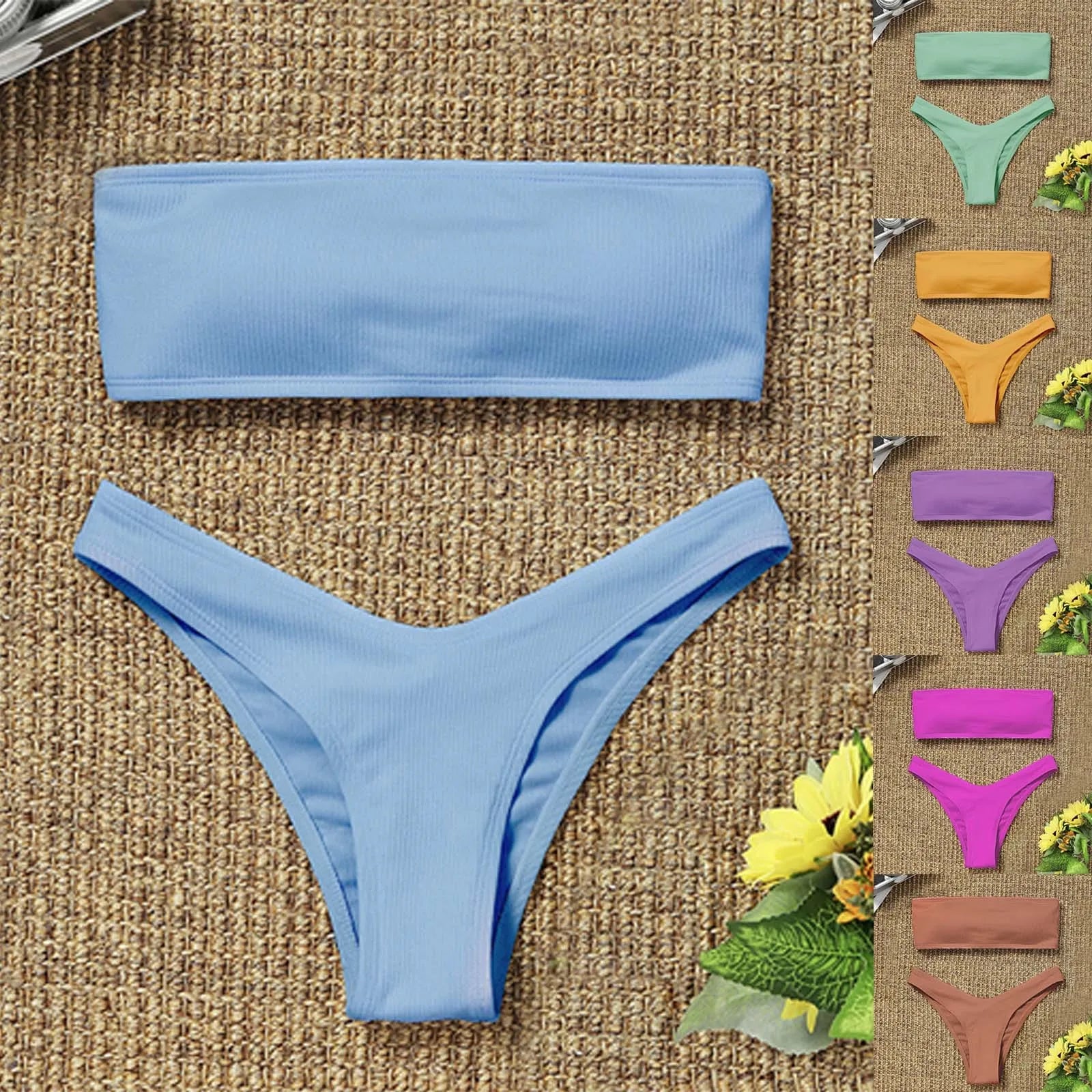 Strapless Bikini 2021 Woman 2 Piece Swimsuit Solid Swimwear Sexy Bikini Set Female Swimwear High Waist Push up Biquini Pink Blue