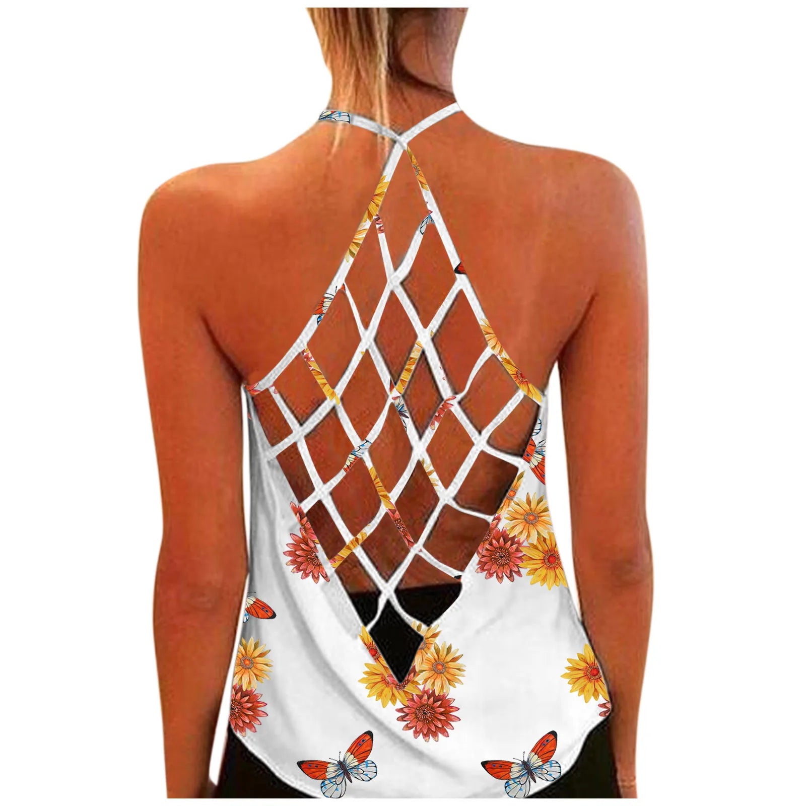 Womens Blouses Sunflower Print Solid Color O-Neck Sleeveless Sexy Blouse Vest Blouses Fashion Hollow Open Back Loose Blouses