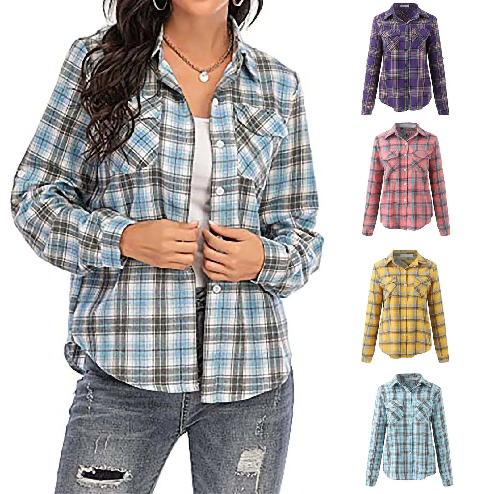 New Cotton Women's Shirts Grid Plus Size Blouse Shirt Casual Long Sleeve Checkered Shirt Turn-down Collar Streetwear Tops Mujer