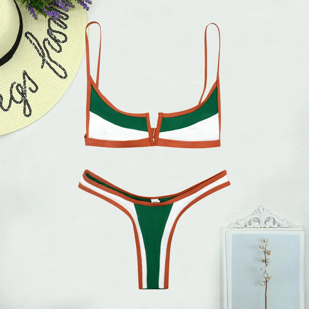 Vintage Micro Bikini Set Patchwork Swimsuit Brazilian Sexy Swimwear Female 2023 New Summer Colorblock V-bar Green Bathing Suits