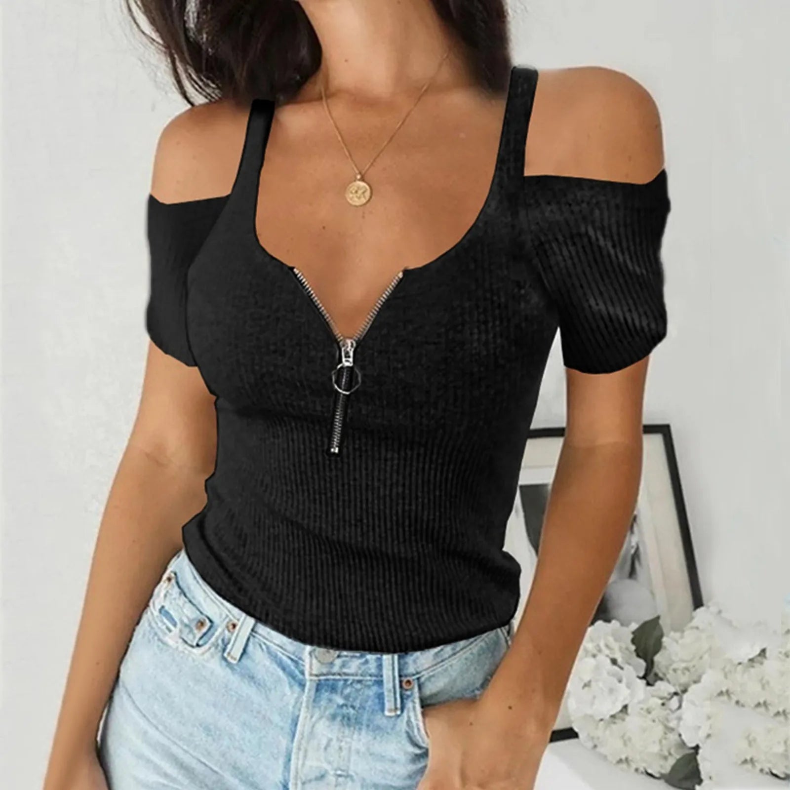Fashion Sexy V-Neck Blouse Shirt Zipper Tops Tee Summer Casual Ladies Tops Solid Color Female Women Off Shoulder Blusas Pullover