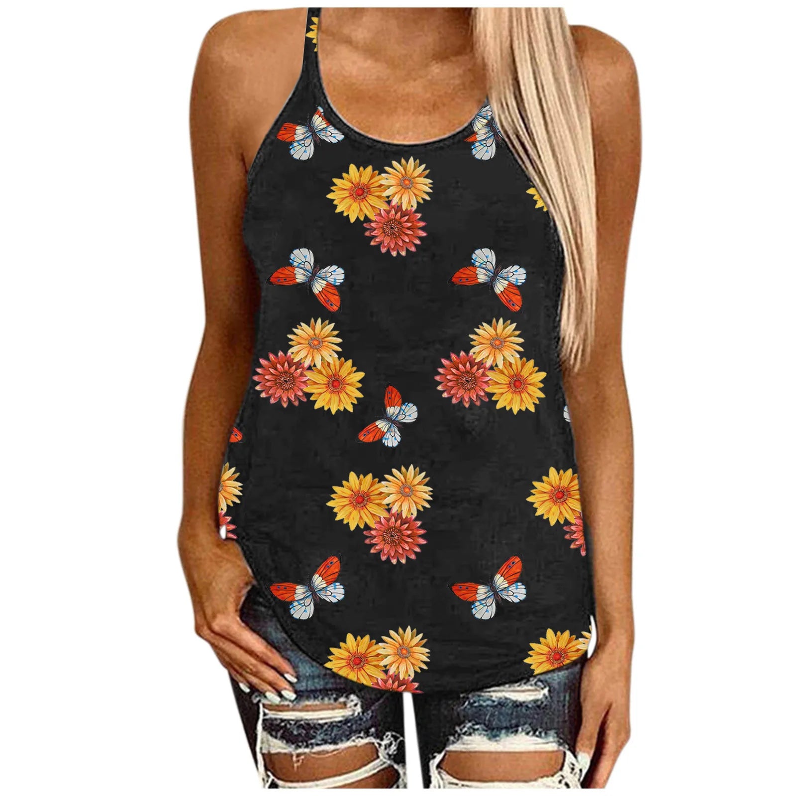 Womens Blouses Sunflower Print Solid Color O-Neck Sleeveless Sexy Blouse Vest Blouses Fashion Hollow Open Back Loose Blouses
