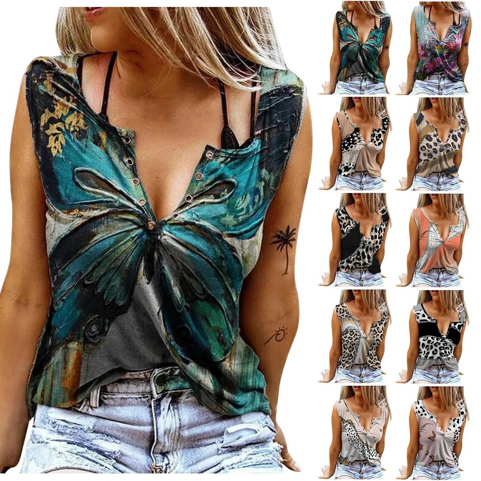 Fashion Blouses Sexy Women V-neck Printed Sleeveless Tops Casual Pullover Low-cut Printed Shirt Casual Tops Women Shirts 2021