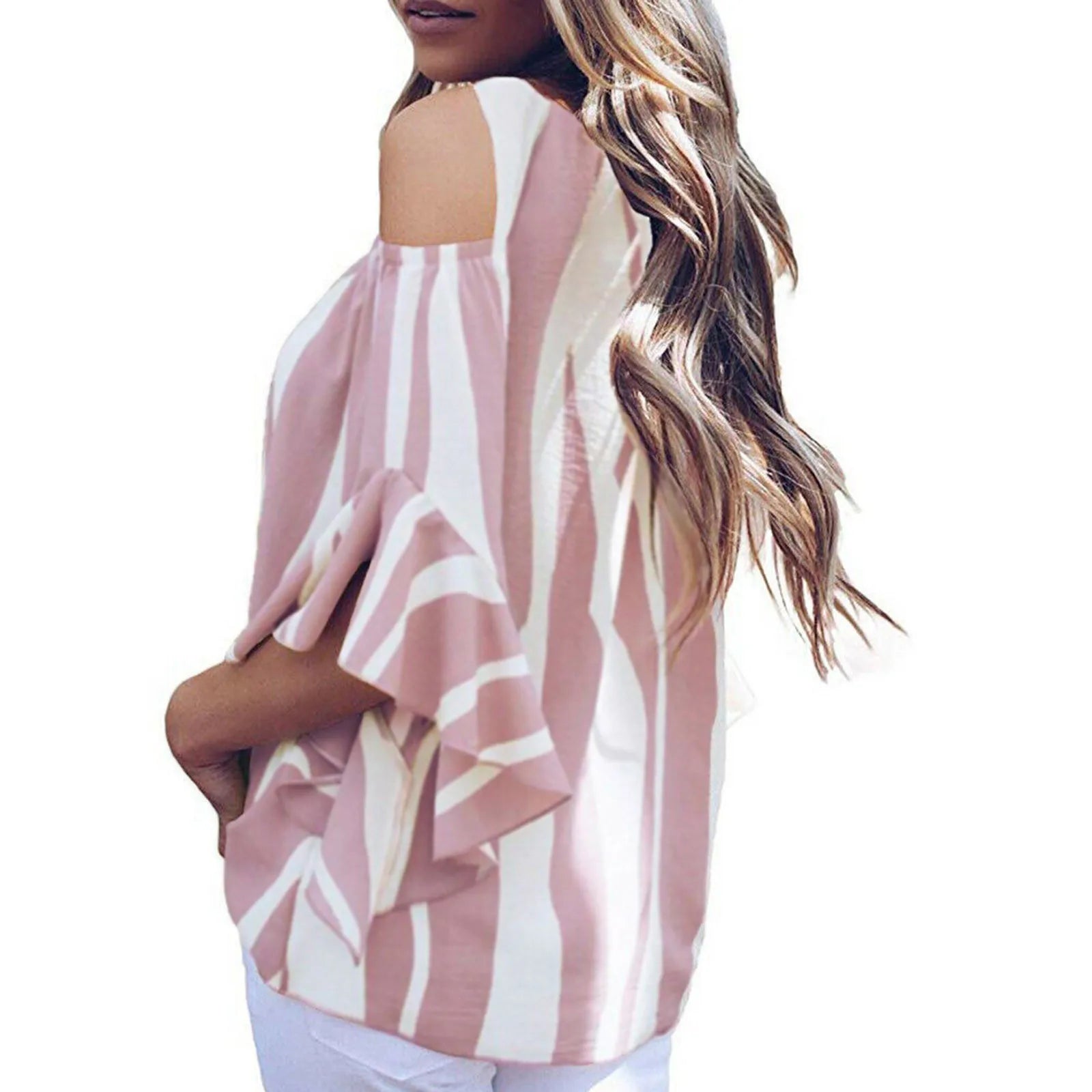 Women Striped Printed Off Shoulder Tops Summer Fashion Female 3 4 Flared Bell Sleeve Beach Blouses Casual Loose Shirts Plus Size