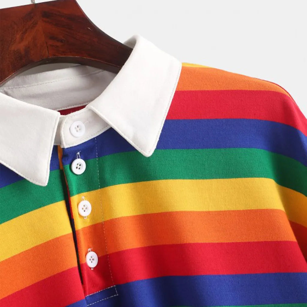 Color Long Sleeve Shirt Womens Stripe Button Long Sleeve Pullover Hoodies Rainbow Cotton Blend Soft Sweatshirt Худи Женский 2021