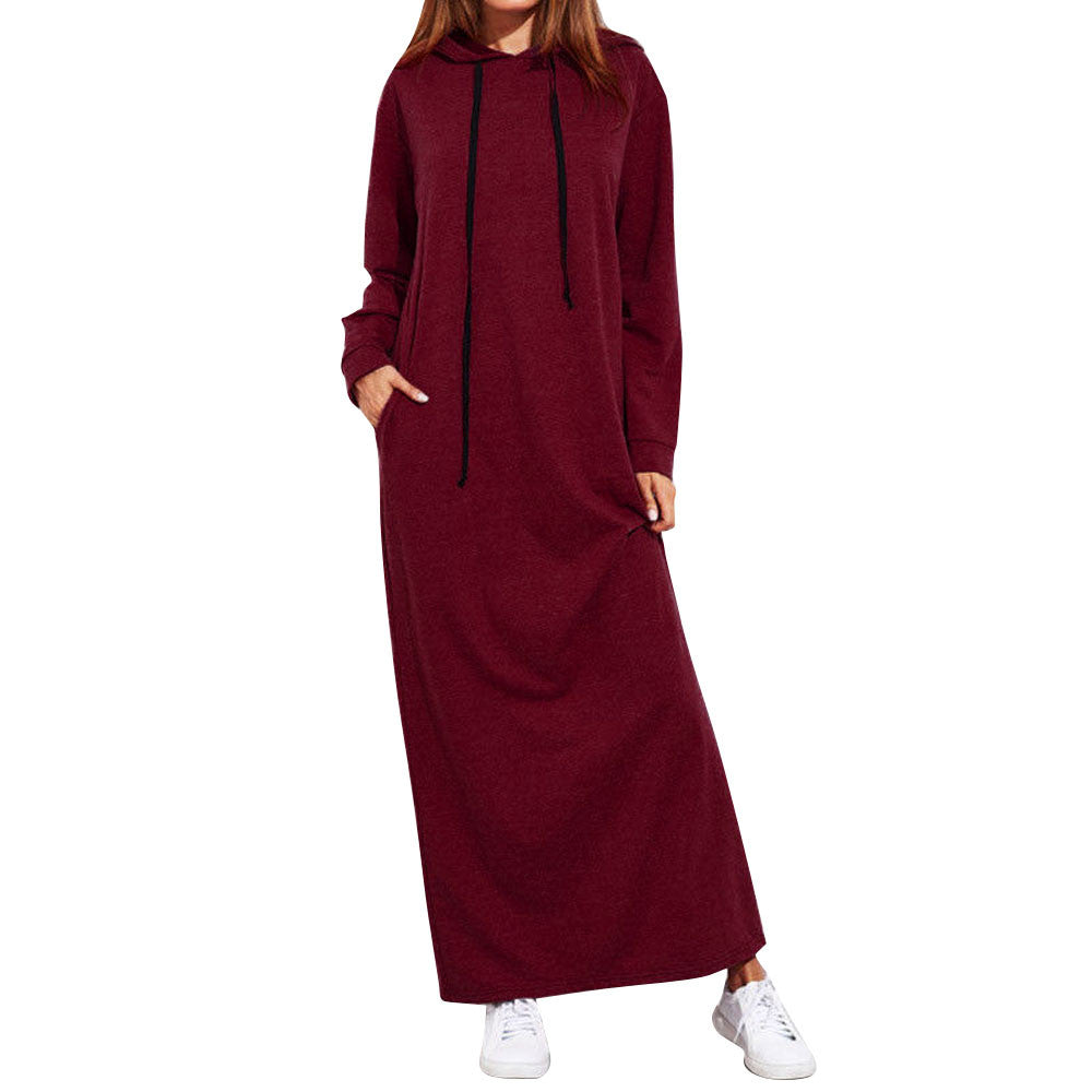 Autumn Women's Dress 2023 New Fashion Simple Retro Hooded Dress Sweatshirt Winter Long Sleeve Pocket Solid Hooded Robe